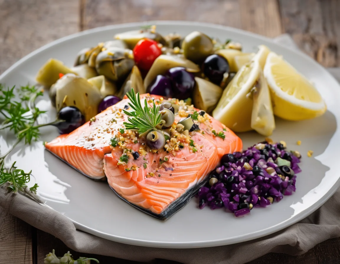 Salmón al Horno con Alcachofas y Salsa de Limón y Eneldo