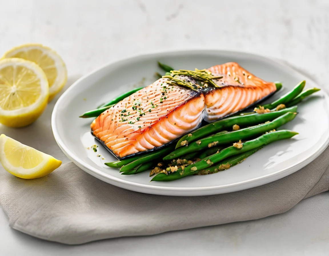 Salmón a la Plancha con Judías Verdes al Ajillo y Patatas Panaderas