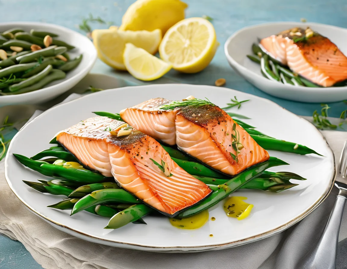 Salmón a la Plancha con Judías Verdes al Ajillo y Almendras