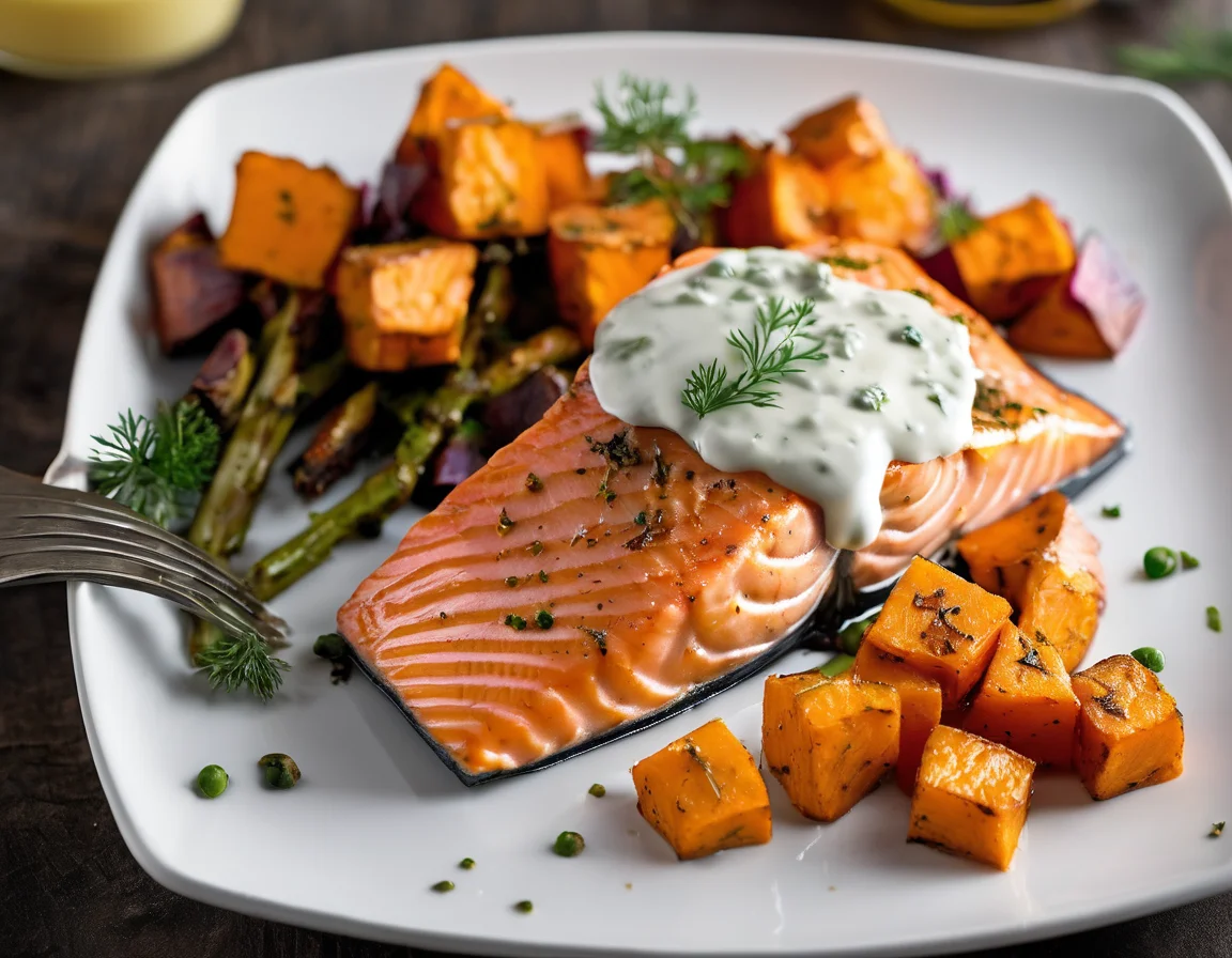 Salmón al Horno con Puré de Batata y Salsa de Limón y Eneldo