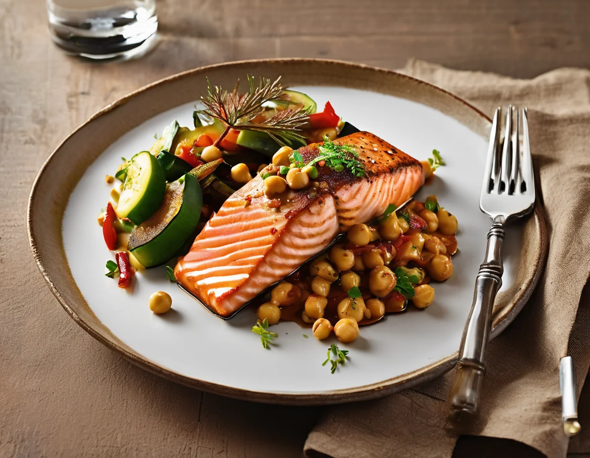 Salmón a la Plancha con Garbanzos Estofados y Pisto