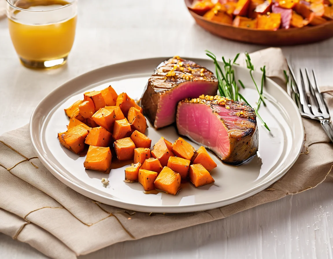 Atún a la Plancha con Puré de Boniato y Espinacas Salteadas