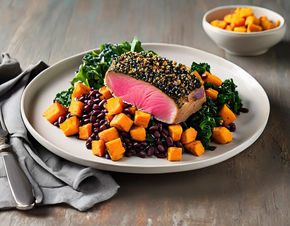 Atún a la Plancha con Puré de Boniato y Ensalada de Espinacas