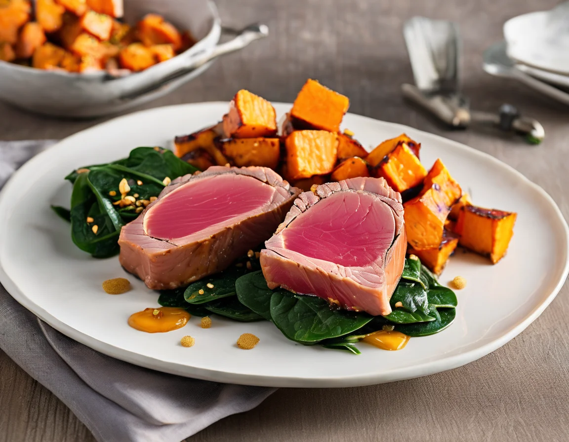 Filete de Atún con Puré de Boniato y Escalivada