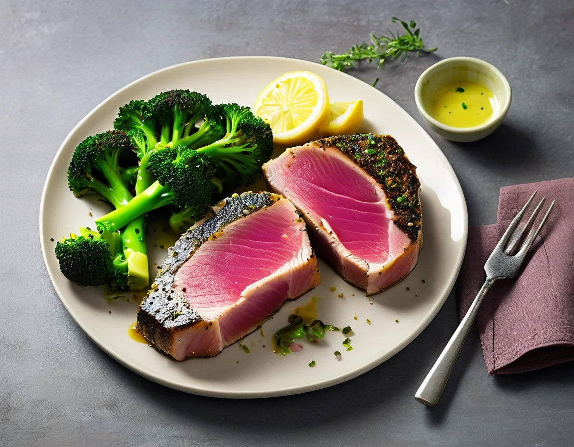 Atún a la Plancha con Brocoli al Ajillo y Ensalada Mediterránea