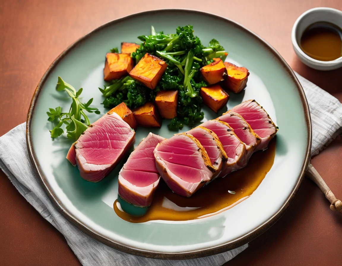 Atún con Batatas al Romero y Ensalada Mediterránea