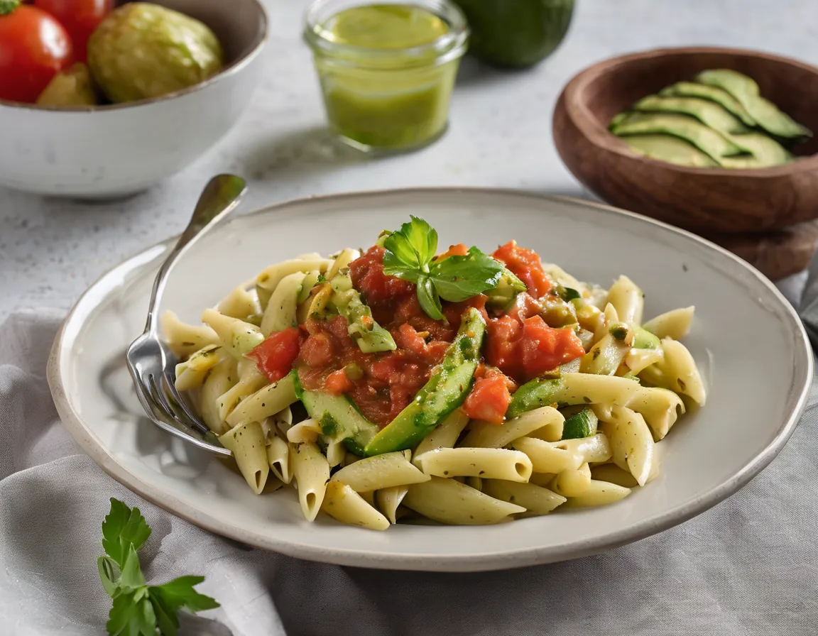 Pasta de Calabacín con Salsa de Aguacate y Tomate Asado