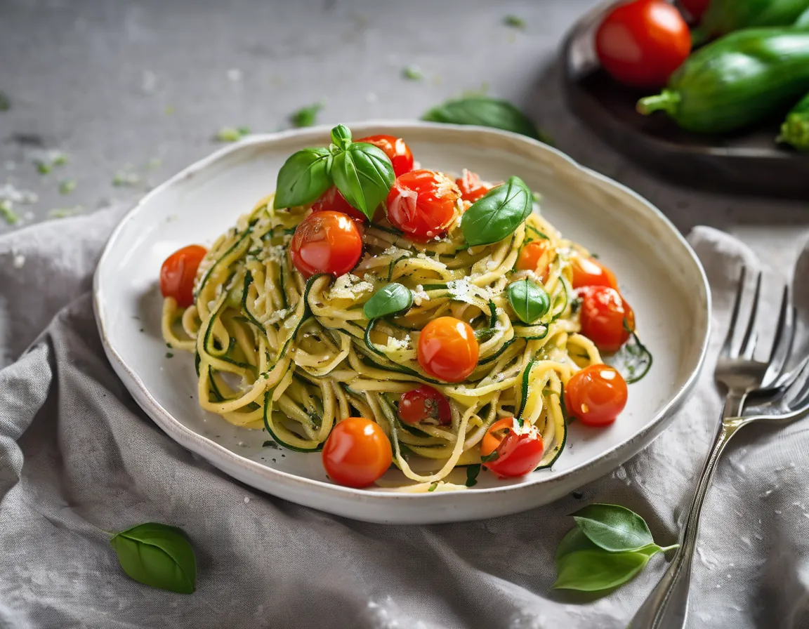 Pasta de Calabacín con Salsa de Tomate y Albahaca