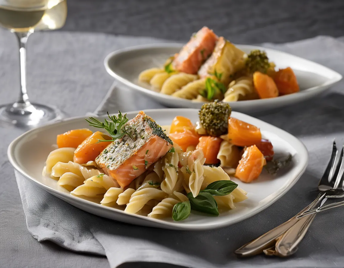 Pasta de Trigo Integral con Verduras Asadas y Salmón