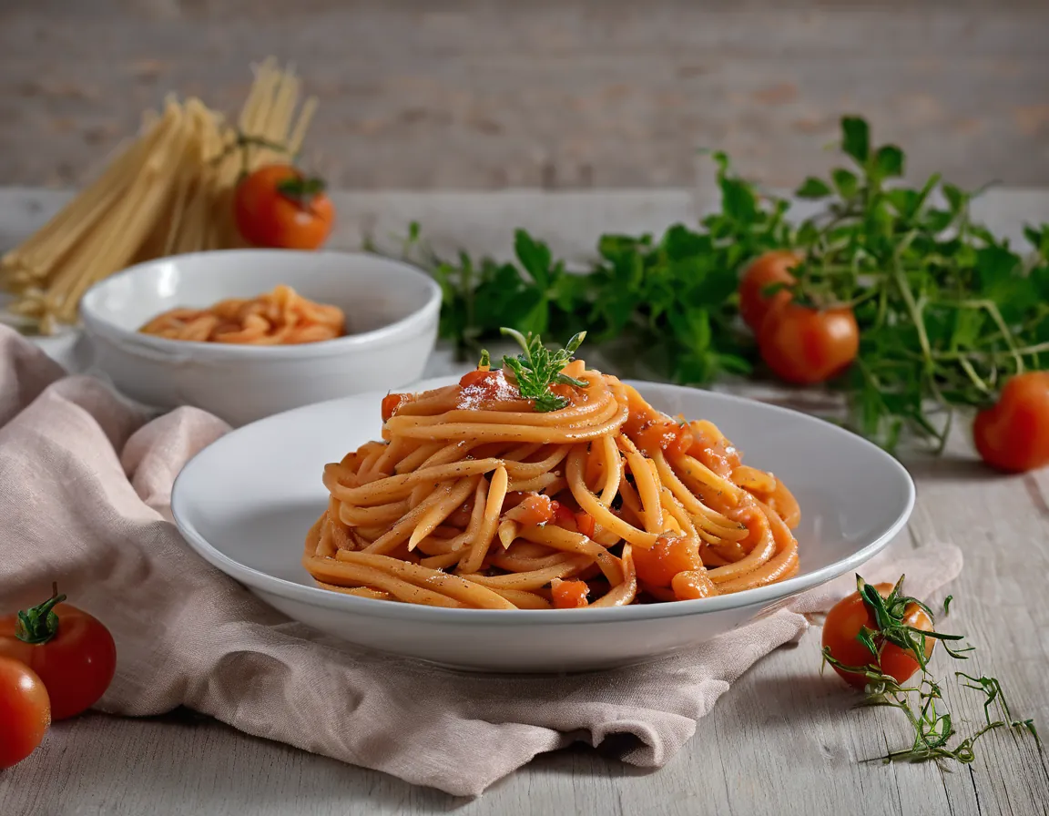 Pasta de trigo integral con verduras asadas y salsa de tomate ligera