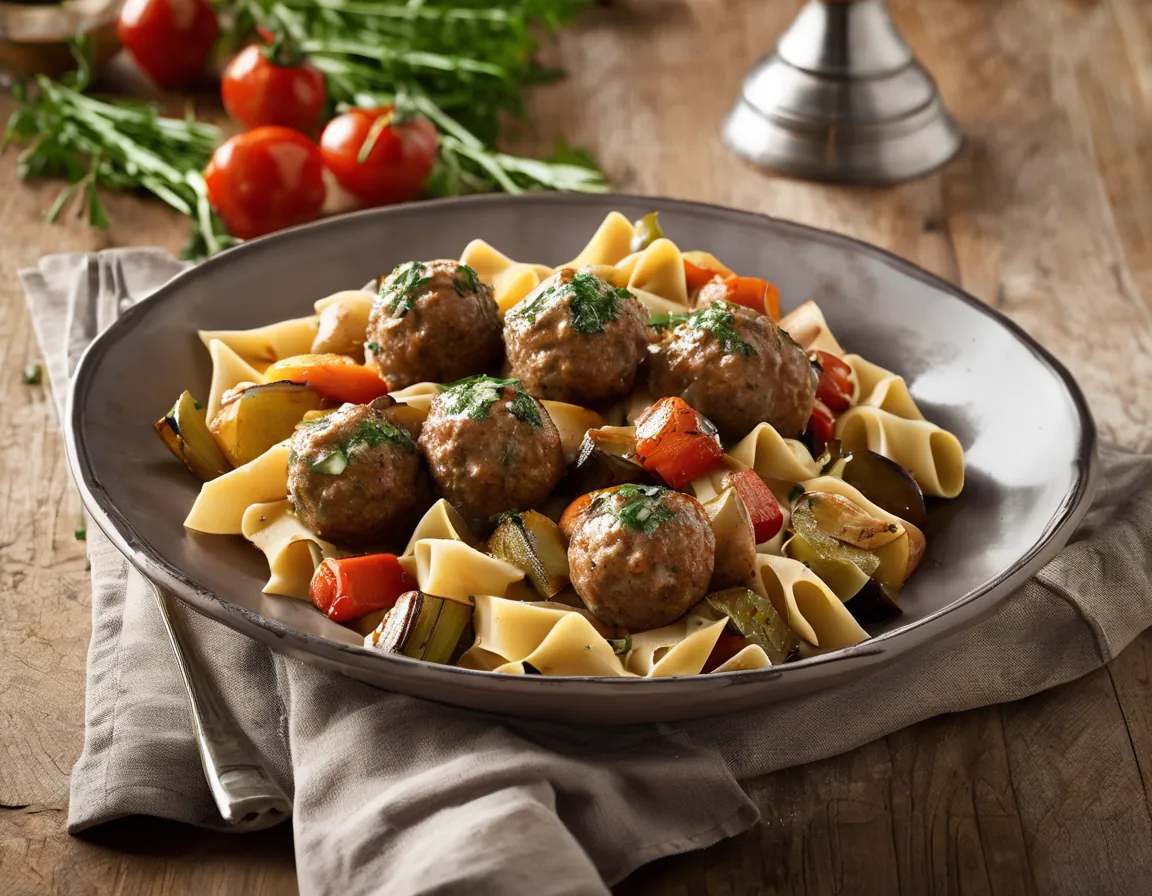 Pasta Integral con Albóndigas de Pavo y Verduras Asadas