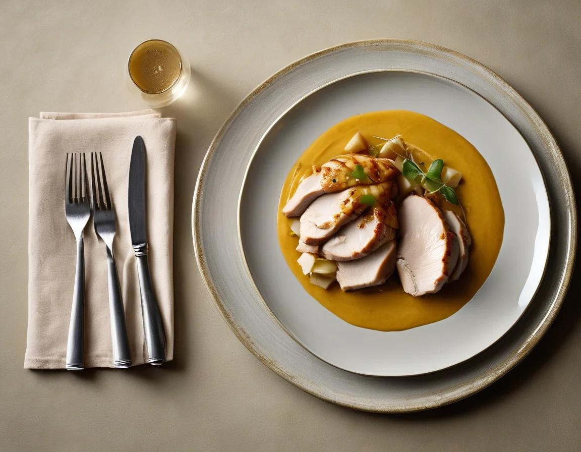 Pechuga de Pavo con Salsa de Manzana y Jengibre sobre Crema de Calabaza