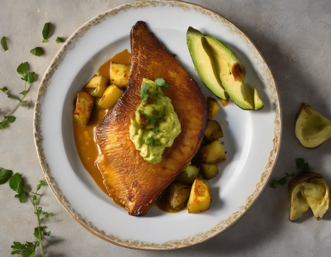 Pescado al Horno con Batatas Asadas y Salsa de Aguacate Adaptado para Hipercolesterolémia