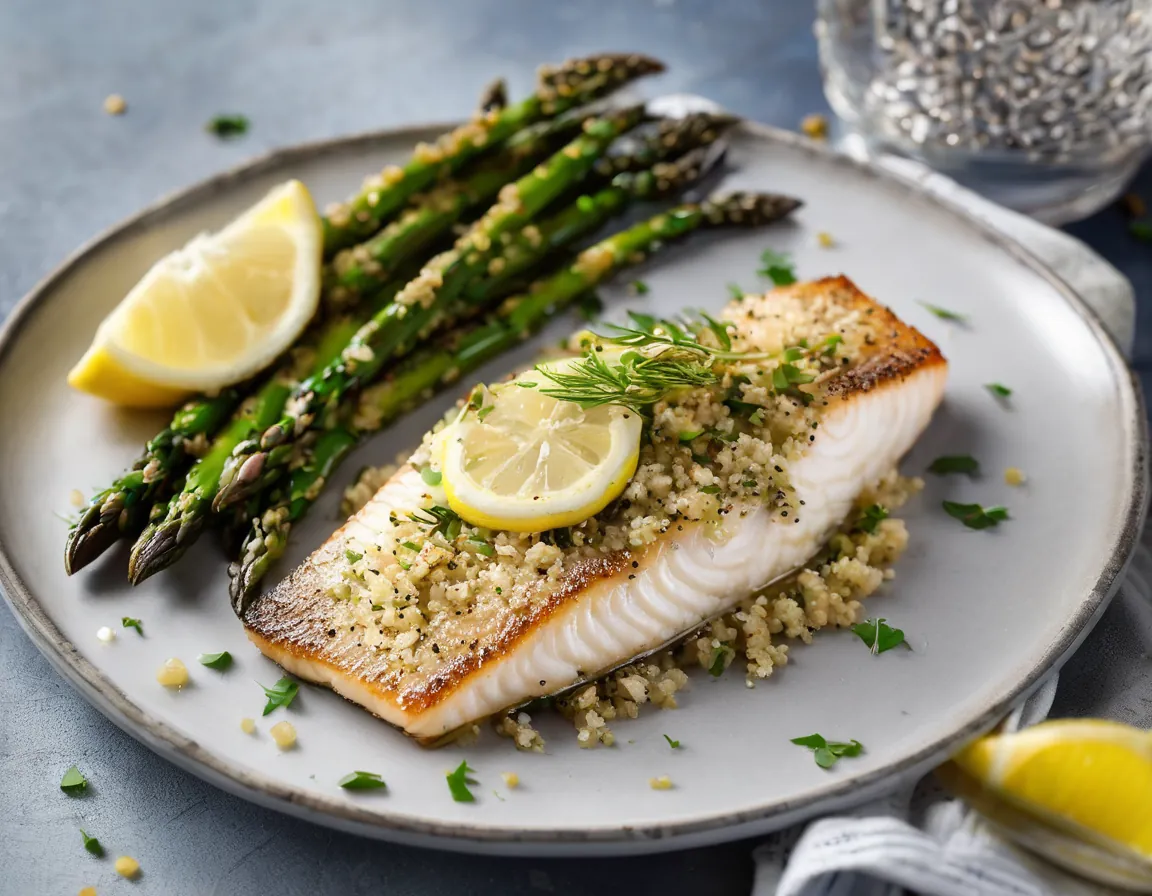 Pescado blanco salteado con quinoa de limón y hierbas y espárragos asados
