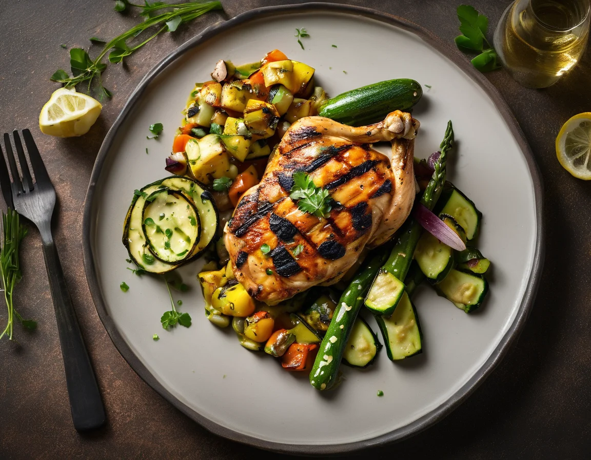 Pollo a la parrilla con verduras al vapor y salsa de calabacín