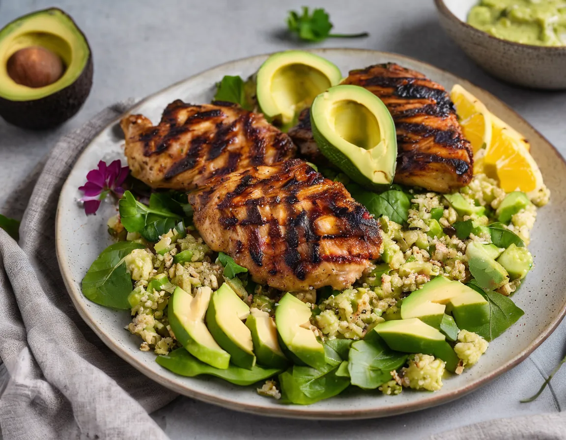 Pollo y Cordero a la Parrilla con Ensalada de Aguacate y Quinoa Adaptado para Resistencia a la Insulina