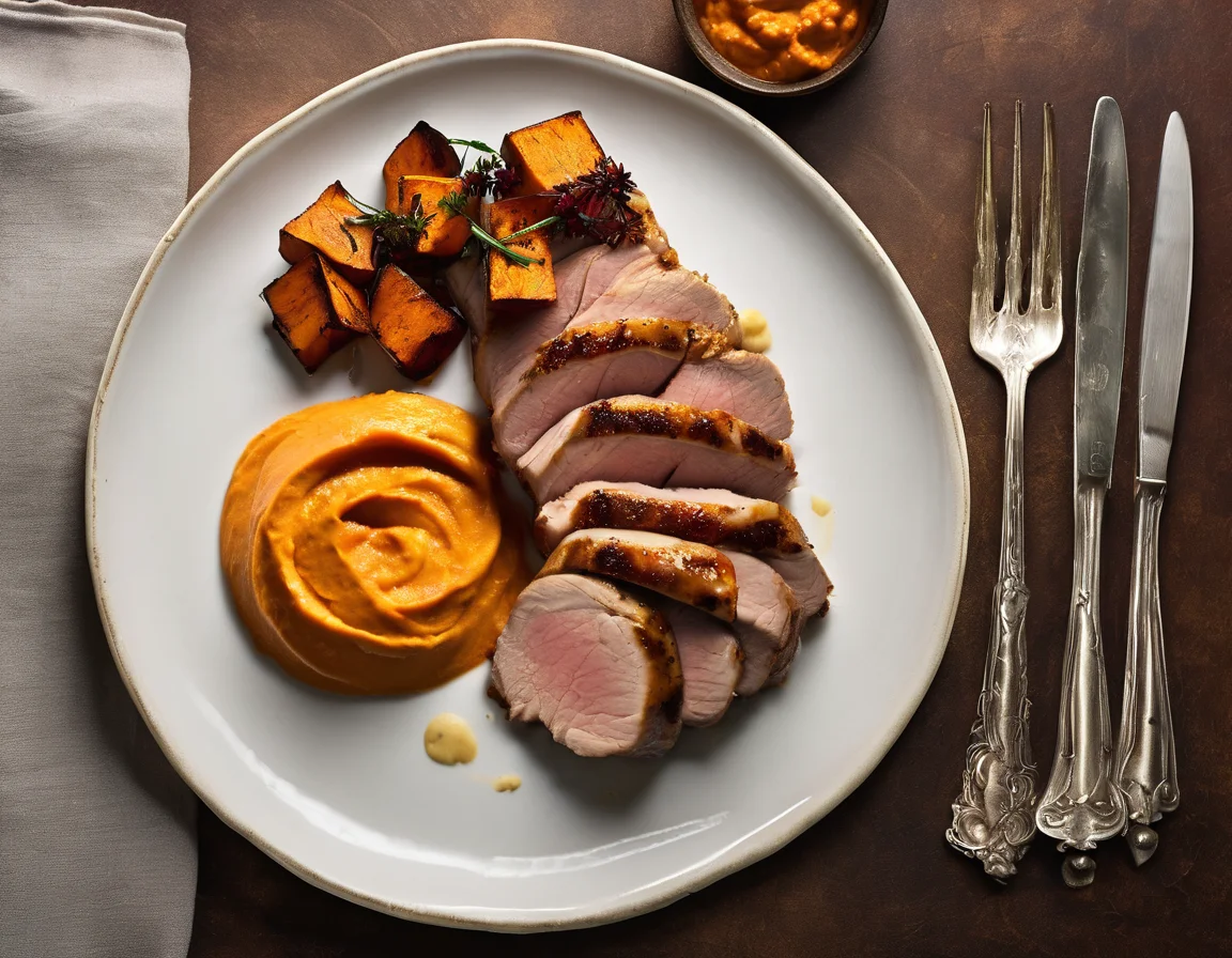 Lomo de Cerdo Asado con Especias Suaves y Puré de Boniato con Vainilla Bourbon