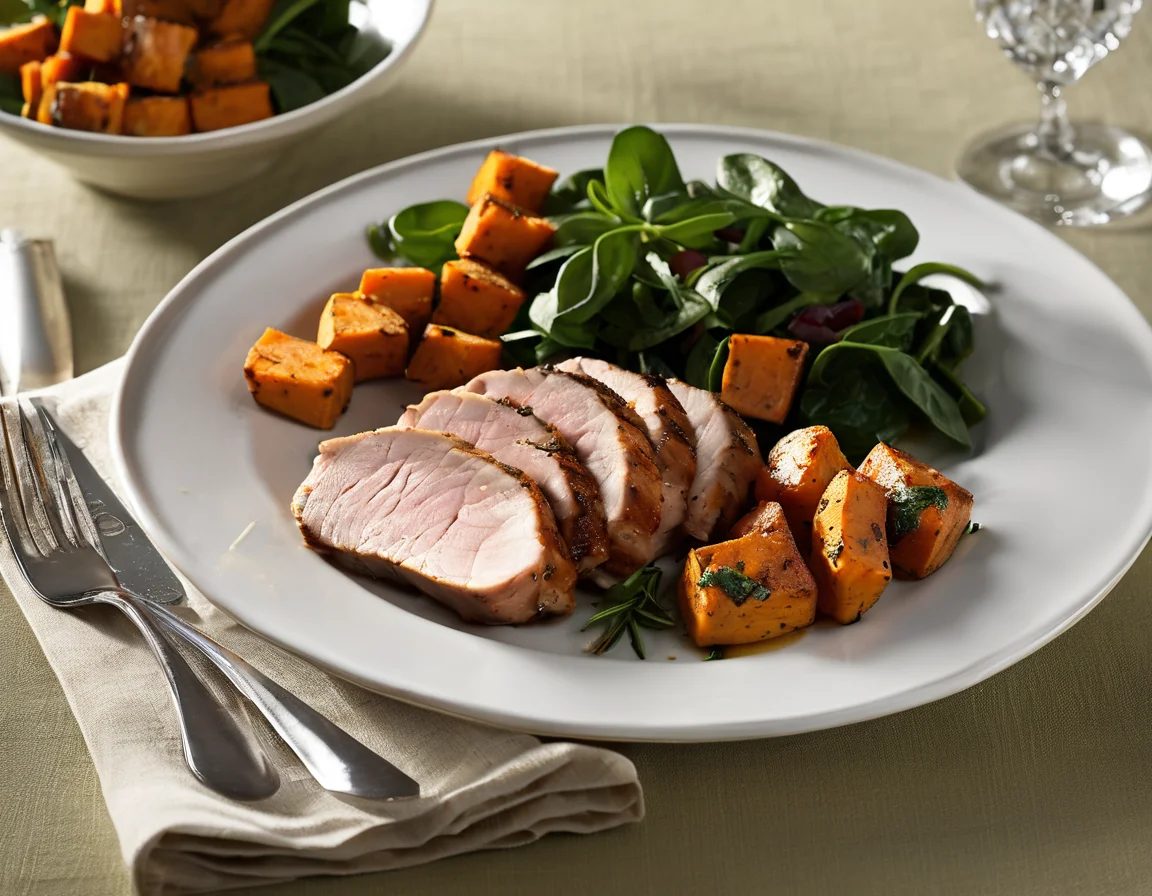 Lomo de Cerdo con Batatas al Romero y Ensalada de Espinacas