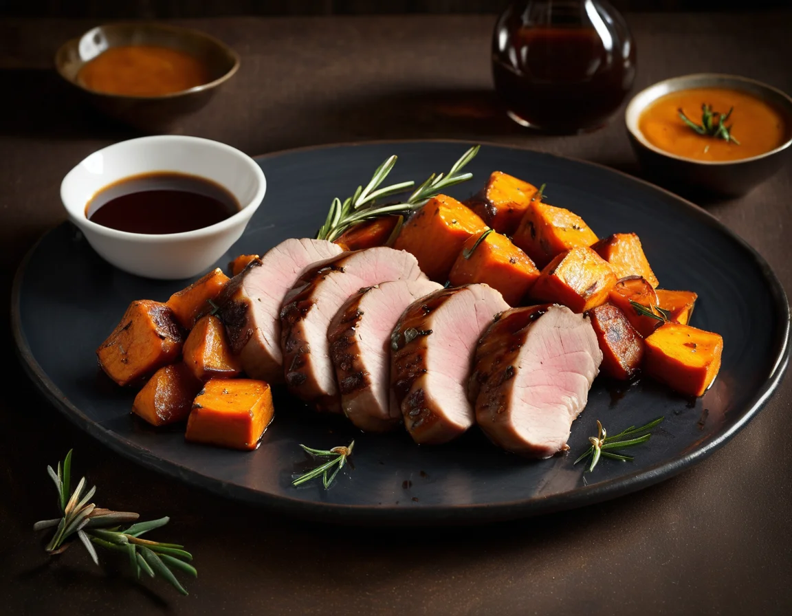 Lomo de Cerdo Asado con Boniato Confitado y Jugo de Romero