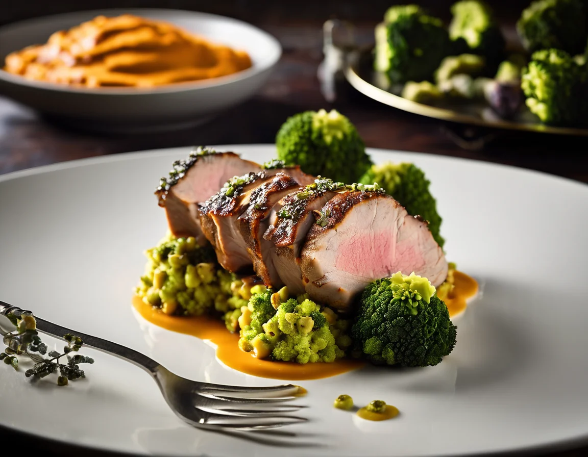 Lomo de Cerdo con Salvia con Puré de Batatas y Brócoli Romanesco