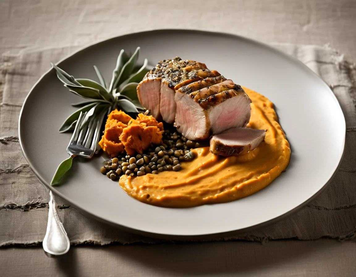 Lomo de Cerdo con Salvia con Puré de Batatas y Lentejas