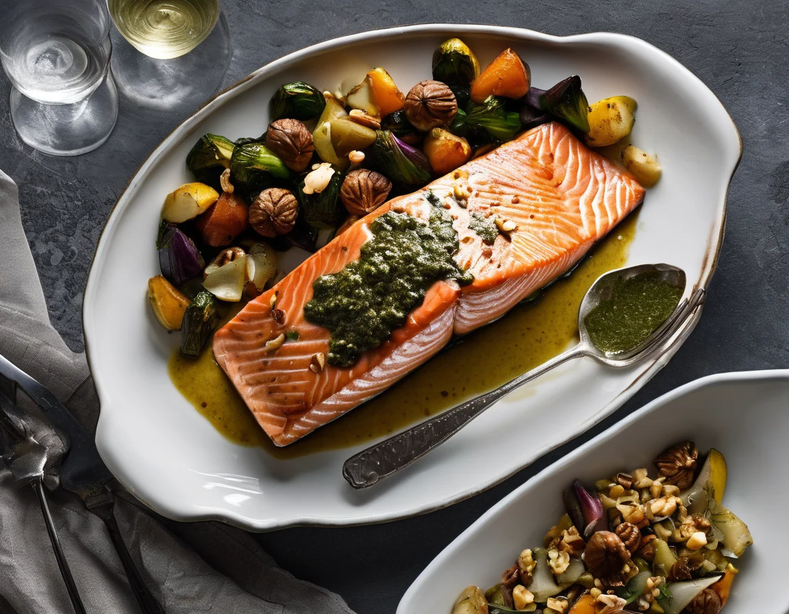 Salmón al Horno con Salsa de Nueces y Hierbas Mediterráneas