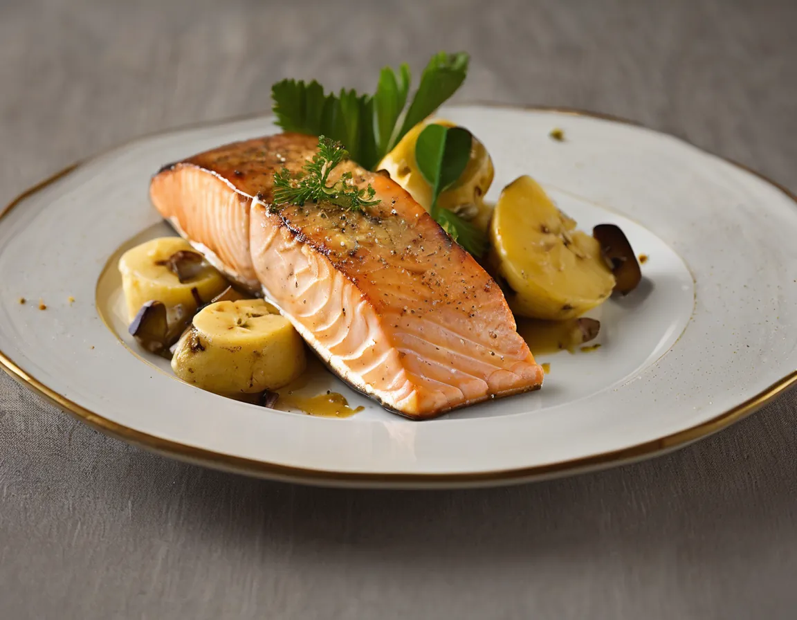Salmón al Horno con Plátano Macho y Salsa de Hierbas