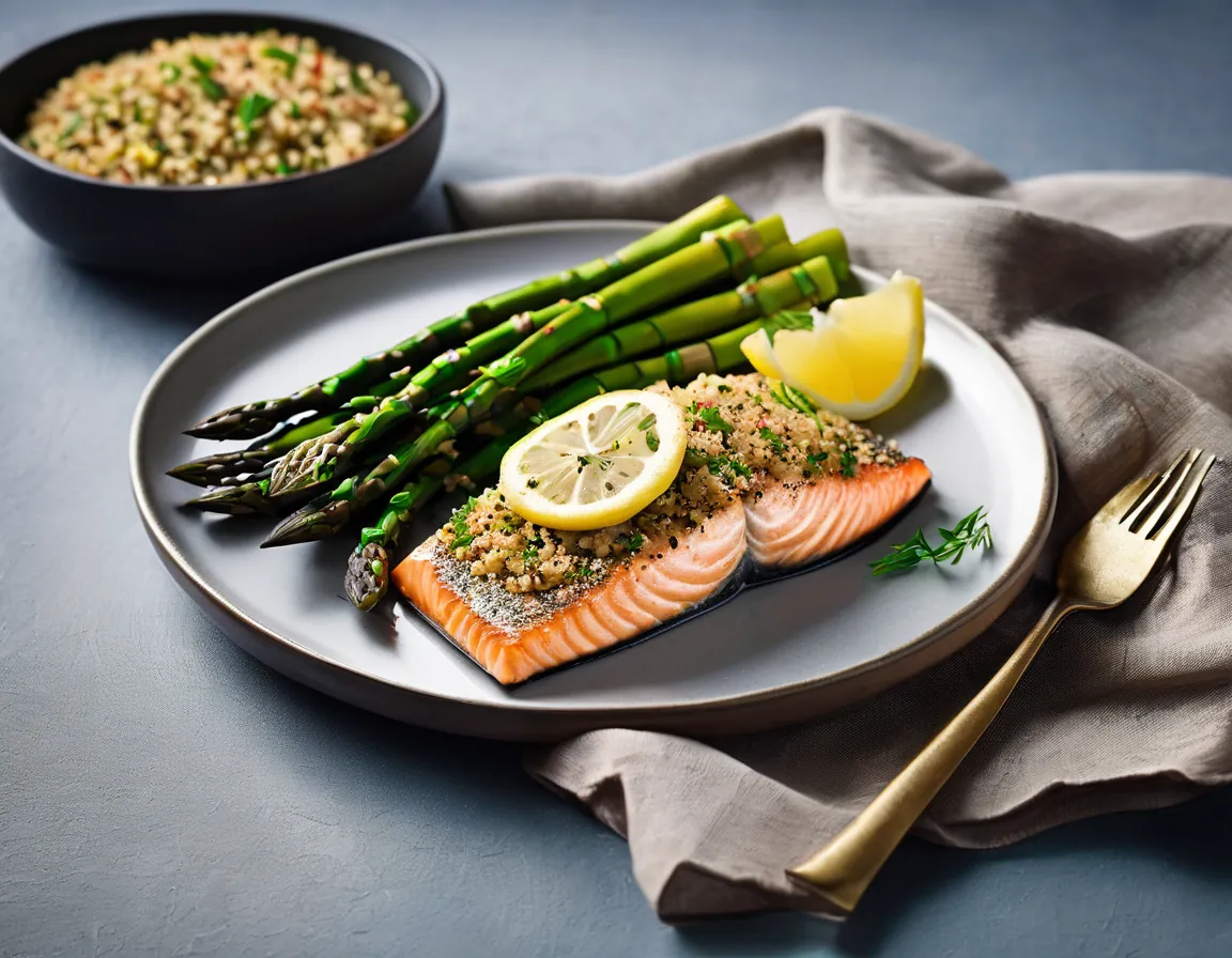 Salmón al Horno con Quinoa de Limón y Hierbas y Espárragos al Vapor