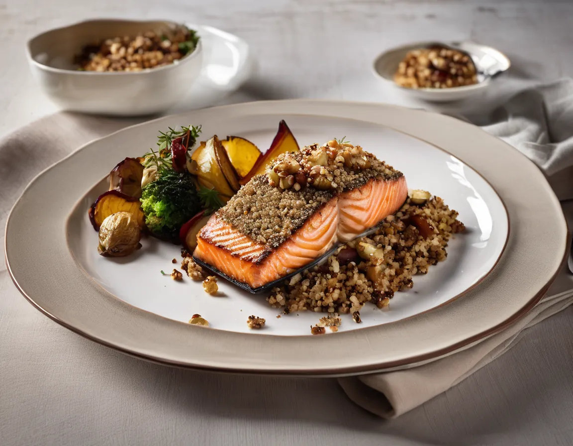 Salmón con Costra de Nueces con Quinoa y Verduras Asadas