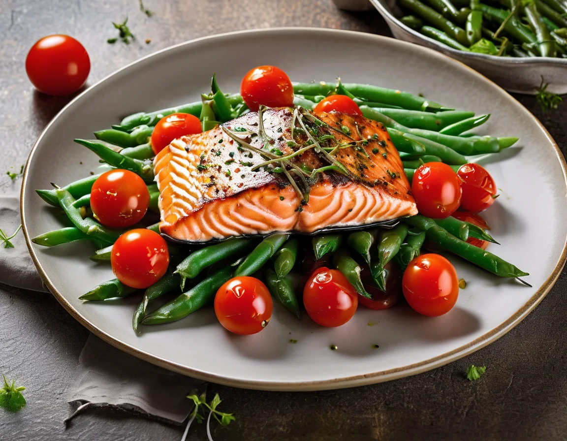 Salmón al Horno con Judías Verdes y Tomates Cherry