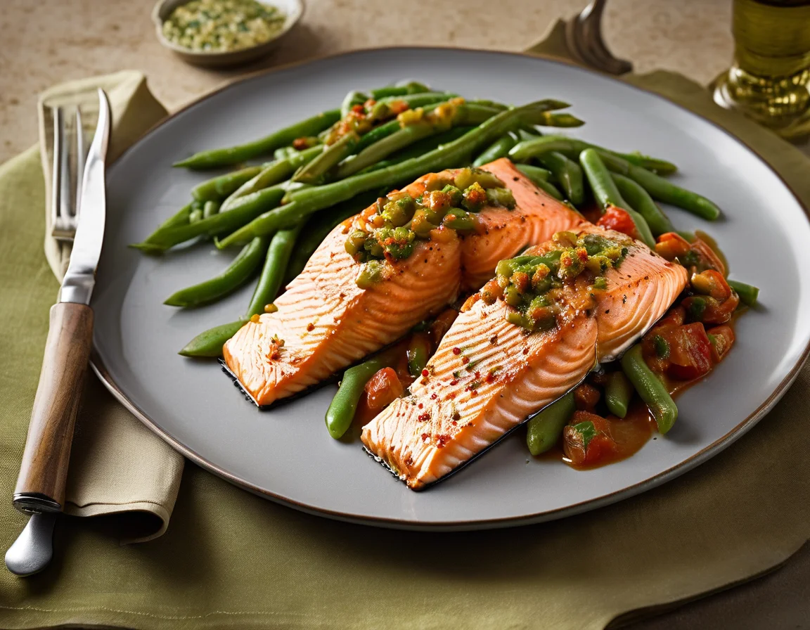 Salmón al Horno con Judías Verdes y Sofrito Mediterráneo