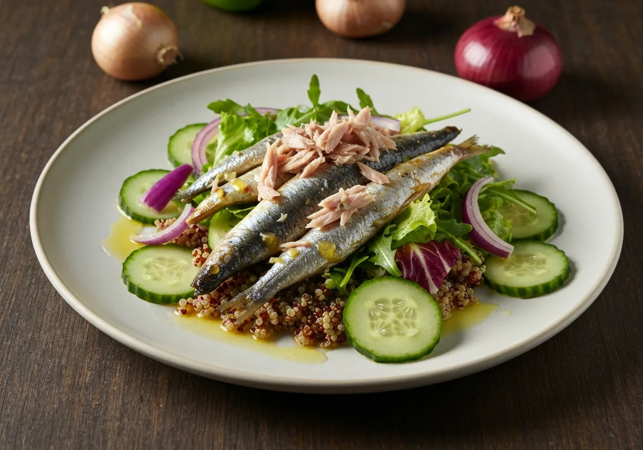 Sardinas a la parrilla sobre cama de quinoa con vegetales de raíz