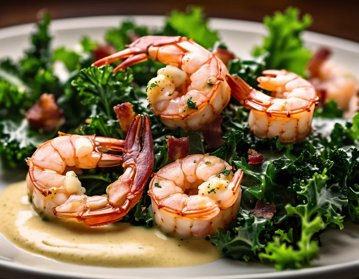 Gambas Salteadas con Panceta sobre Lecho de Col Rizada con Crema de Mostaza