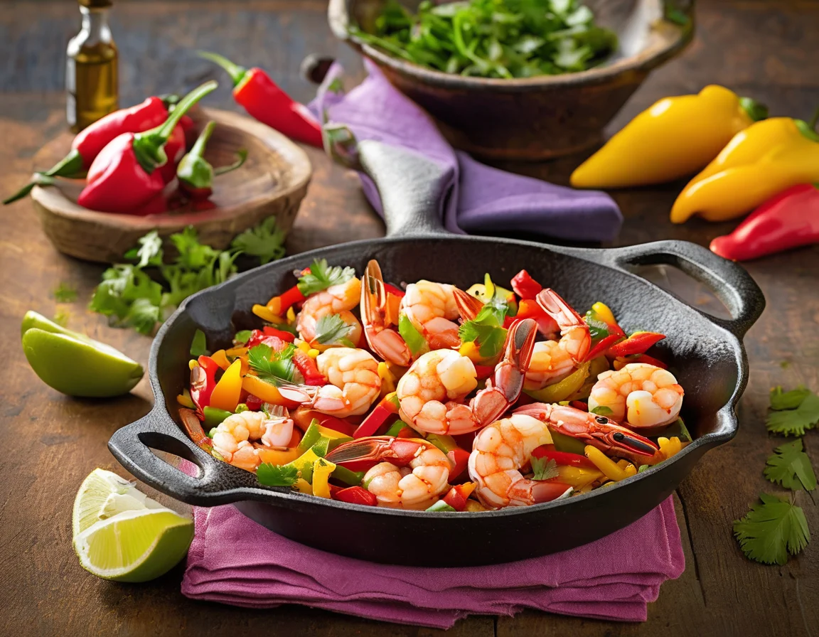 Gambas al Ajillo con Pimientos Asados