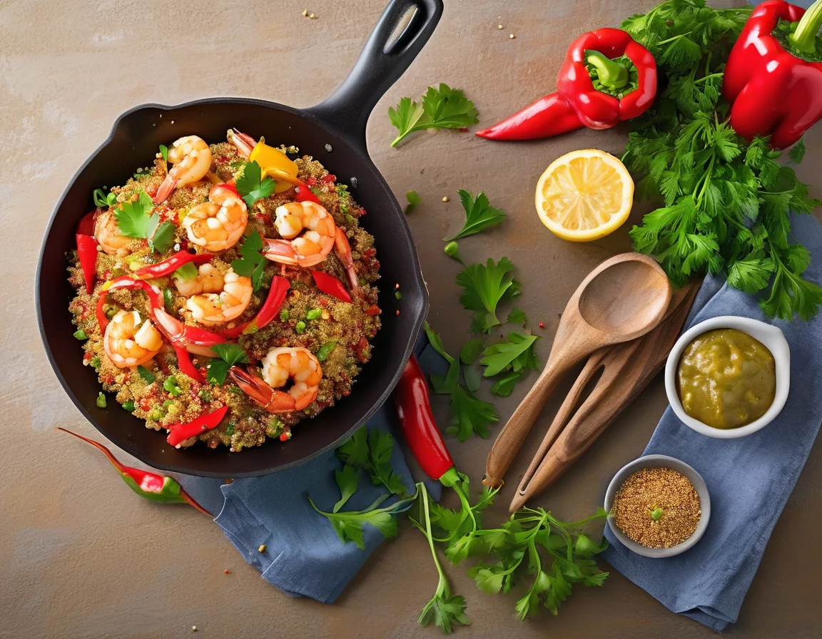Gambas al Ajillo con Pimientos Asados y Quinoa