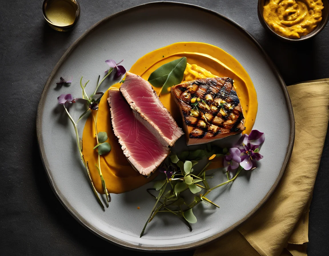 Atún a la Parrilla con Puré de Batata y Salsa de Coco-Cúrcuma
