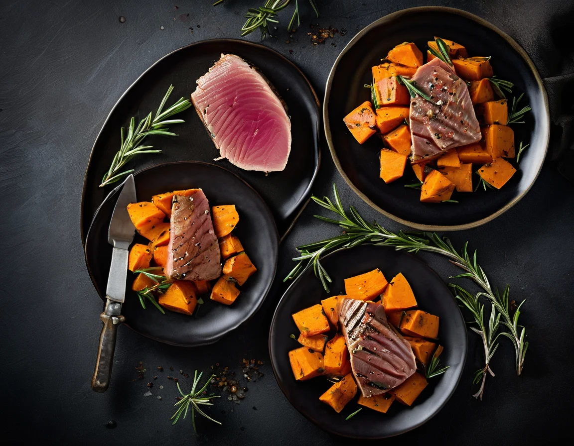 Atún con Batatas al Romero y Ensalada Mediterránea